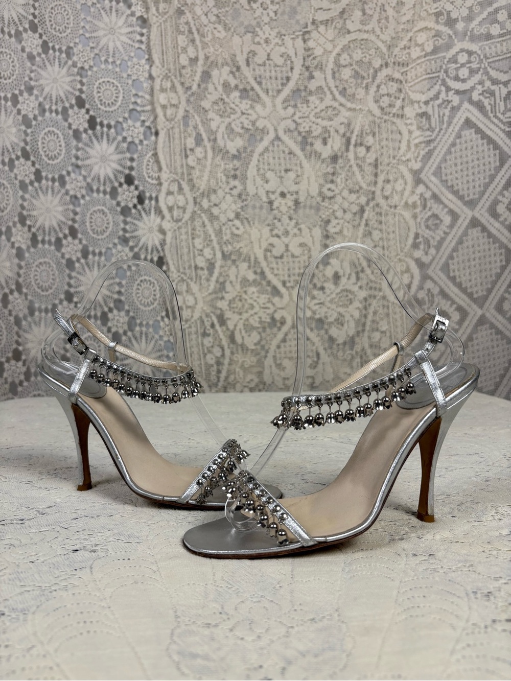 Christian Dior vintage silver lily of the valley bells heels sandals rare runway